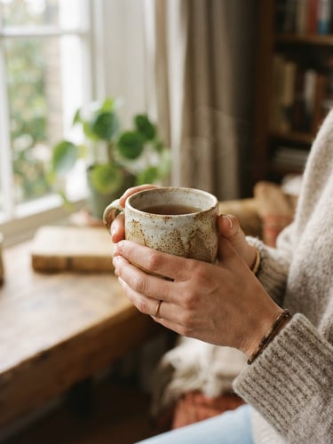 Warm editorial lifestyle photography, close-up of hands holding a textured ceramic mug in soft morning window light, gentle shadows, cozy domestic background, shallow depth of field, 35mm lens.