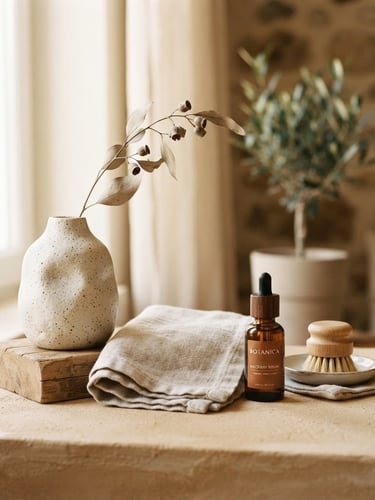 Aesthetic lifestyle composition in soft natural window light, a ceramic vase with a single dried branch next to a folded linen towel and organic skincare bottle on a warm sand surface, shallow depth of field, 35mm lens.