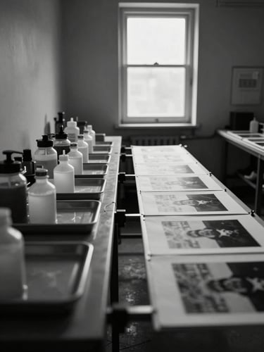 Wide-angle view from inside a photographer's darkroom printing space, trays of developer fluid on a long table to the left third, a drying line of prints stretching into soft shadow on the right, natural light falling from a single high window, no people, stark tonal contrast, monochrome atmosphere