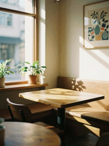 A cozy sun-drenched corner of a cafe with wooden tables, soft morning light streaming through windows, plants, and art on the walls, warm editorial photography, 35mm film