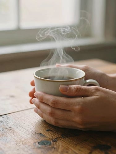 Hands holding a steaming ceramic mug over a rustic wooden table, soft morning window light, rich amber tones, shallow depth of field, 35mm film