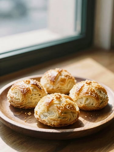 Flaky golden brown pastries on a rustic wooden plate, soft morning light streaming through a cafe window, warm crumbs visible, 35mm film style