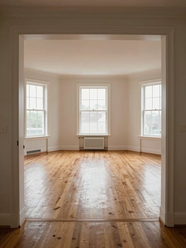 Wide environmental shot from doorway to far wall of an empty bright living room, natural north-facing daylight flooding through tall windows, hardwood floor running full width, clean white trim and crown molding visible, warm tones in the wood grain, no furniture except a single radiator under the window, high angle showing full ceiling to floor depth