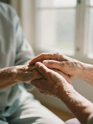 Close-up of a caregiver gently holding an elderly woman's hands by a sunlit window, warm golden light, shallow depth of field, soft sage tones, 35mm film feel