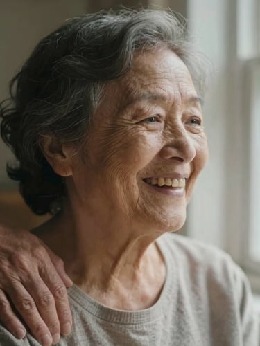 Close-up of a senior woman laughing softly, her hand gently resting on a caregiver's arm under warm window light, 35mm film feel, soft muted tones.
