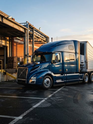 Low-angle heroic profile of a clean modern semi-truck parked at a shipping dock during crisp morning golden hour, metallic navy paint catching the light, high-contrast industrial editorial photography