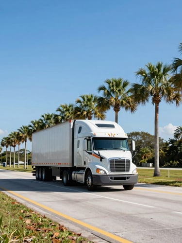A clean semi-truck traveling down a wide Florida highway surrounded by palm trees under bright, crisp morning daylight, wide-angle 35mm editorial industrial photography