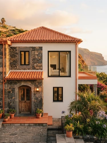 Warm architectural photography of Real Madeira house facade during golden hour, terracotta accents, clean modern lines, 35mm lens