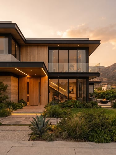 Warm architectural photography of a modern house facade in Real Madeira Pachuca, golden hour natural light, clean lines, 35mm lens