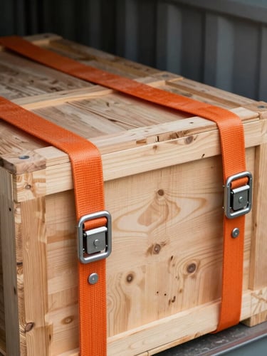 Close-up of industrial cargo straps securing a heavy wooden crate inside a modern transport container, warm orange tensioners, sharp focus on metal buckles