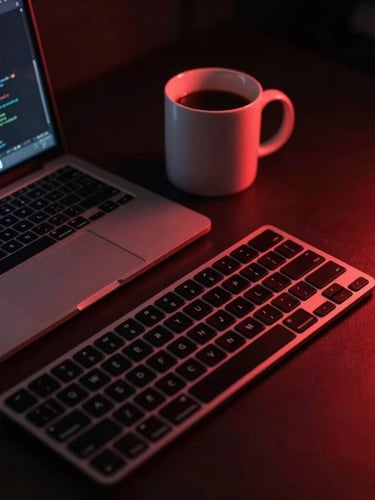 Macro shot of a designer's workspace with a keyboard, a coffee mug, and a high-end laptop showing code, moody crimson ambient lighting, dark charcoal background.