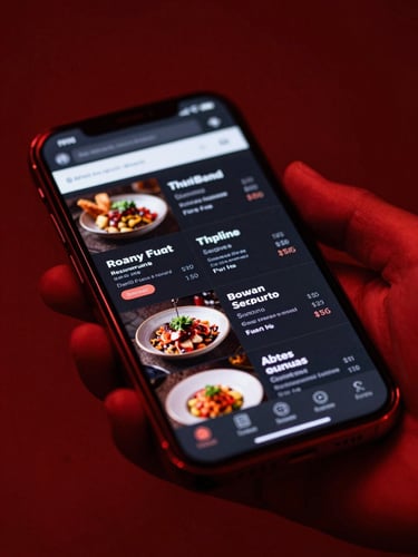 Moody close-up of a modern smartphone displaying a sleek restaurant menu website, dramatic crimson red ambient backlighting, high-contrast dark charcoal tones, 35mm lens.
