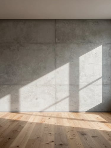 Minimalist interior of a luxury penthouse in Frankfurt, natural light casting geometric shadows on a polished concrete wall and oak flooring