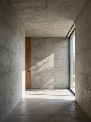 Minimalist architectural interior of a luxury Frankfurt villa, concrete walls, natural oak elements, soft morning light casting clean geometric shadows.