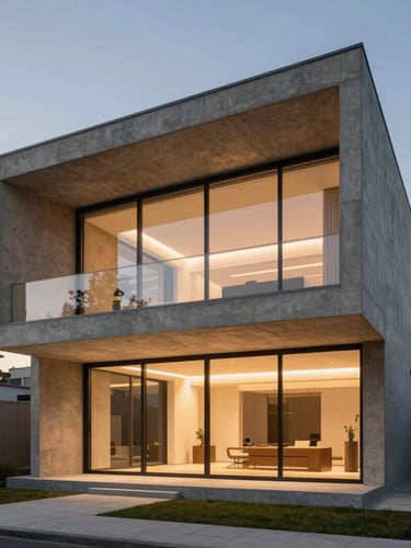 Minimalist modern villa facade in Frankfurt Westend at dusk, sharp concrete lines, warm interior light glowing through expansive glass, soft twilight sky.