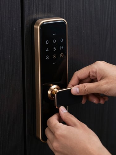 Close-up of hands installing a sleek black electronic smart lock on a dark wooden door, focused directional light, metallic gold details, 50mm lens