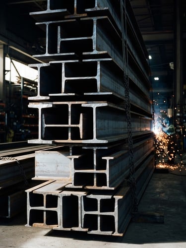 Industrial 35mm film photography, dramatic side-lighting on raw structural steel beams stacked in a clean warehouse, cool steel tones, sharp focus