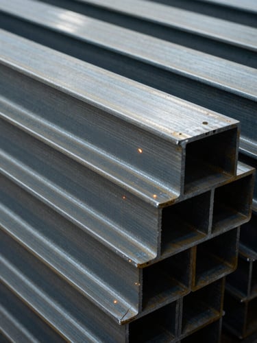 Close-up of clean structural steel beams stacked on the fabrication floor, sharp focus, cool industrial lighting, 35mm.