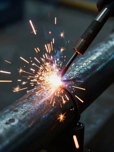 Macro shot of active TIG welding on a heavy steel pipe, warm orange sparks flying, dramatic side-lighting, cool steel tones, 35mm.
