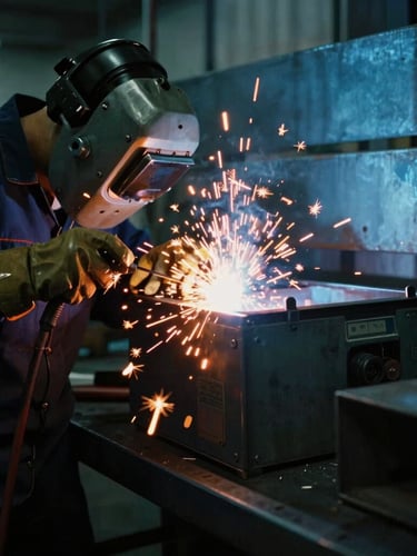 Dramatic high-contrast side-lighting of an active TIG welding station, bright safety-orange sparks flying against cool blue steel workshop background, 35mm film photography