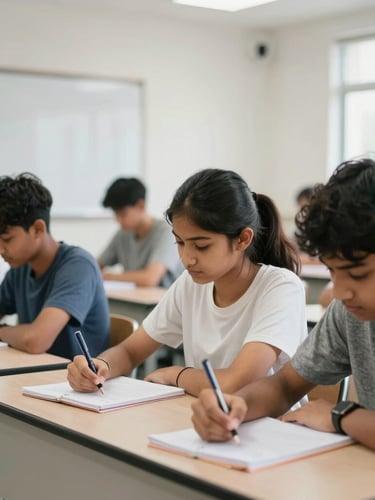A medium shot of focused students in a bright, modern classroom at Sitaraghava Complex, taking structured notes under clean natural lighting.