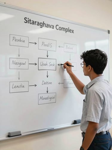 A student in a bright classroom at Sitaraghava Complex drawing a clean, logical mind map on a physical whiteboard, daylight, medium shot.