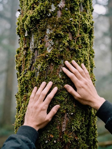 Vertical portrait of a person touching a moss-covered cedar trunk with both hands, soft misty background