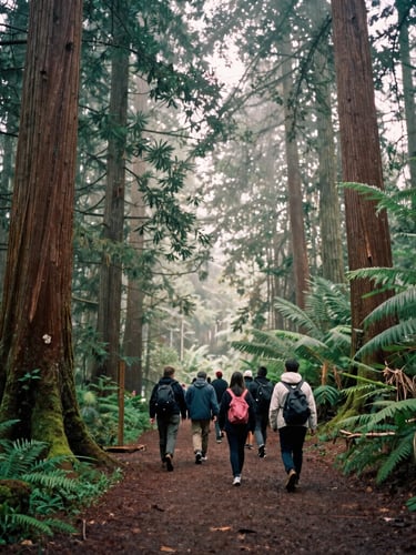 A small group of volunteers walking quietly along a misty forest trail under giant cedar trees, moody documentary photography, soft diffused daylight, 35mm film