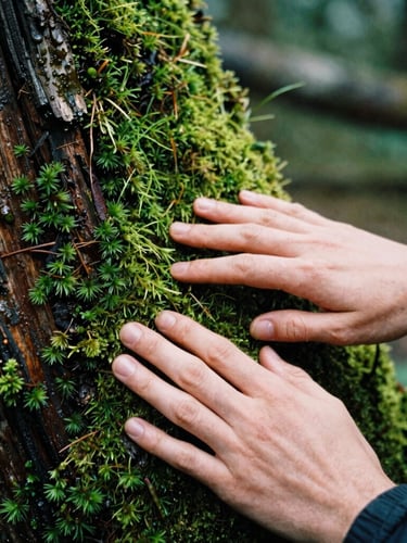 A close-up of hands gently touching vibrant green moss on a damp cedar tree trunk, soft overcast Pacific Northwest daylight, 35mm film