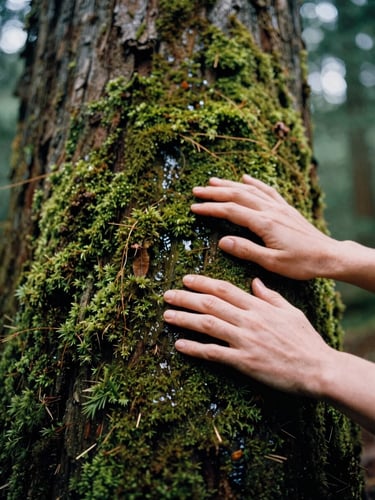 A close-up of hands gently touching damp moss on a massive cedar trunk, soft diffused Pacific Northwest overcast daylight, 35mm film