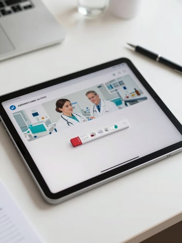 Flat-lay close-up of a digital tablet displaying a clean medical testing interface with a clinical scenario, soft natural daylight, minimalist study environment