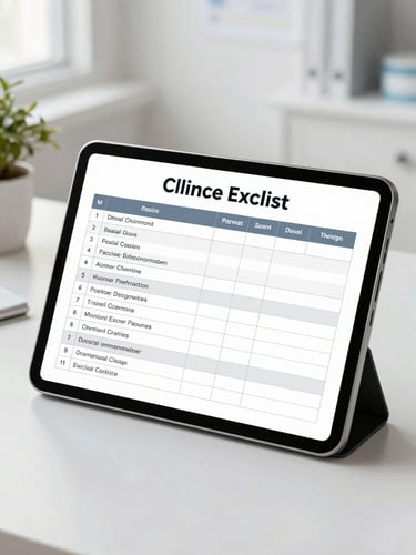A clean digital tablet displaying a clinical exam checklist with performance metrics, bright natural studio lighting, minimalist medical study setup.
