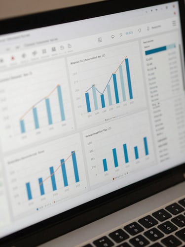 Macro shot of a laptop screen showing clean data visualization charts and performance analytics, bright clinical white light