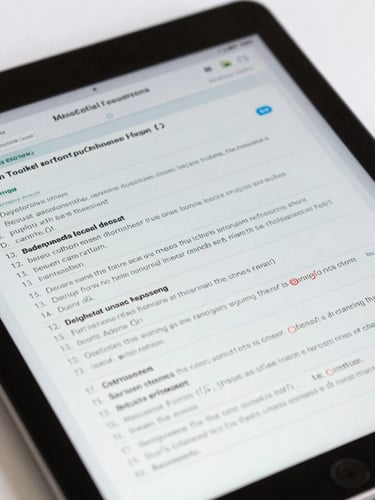 A close-up of a high-resolution tablet screen showing structured medical exam questions and clinical data, sterile white background, clean UI