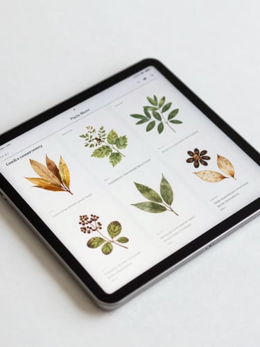 A clean digital tablet displaying clinical diagnostic charts and botanical medicine monographs, bright clinical lighting, flat-lay study setup.