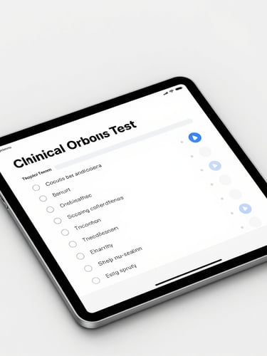 Flat-lay mockup of a clinical testing interface on a modern tablet, featuring a clean multiple-choice question layout, clear typography, and subtle blue progress indicators under bright, sterile white light.