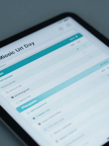 Close-up shot of a modern tablet screen displaying a clean medical exam interface with structured case management rubrics, soft clinical blue lighting, high-yield data visualization.