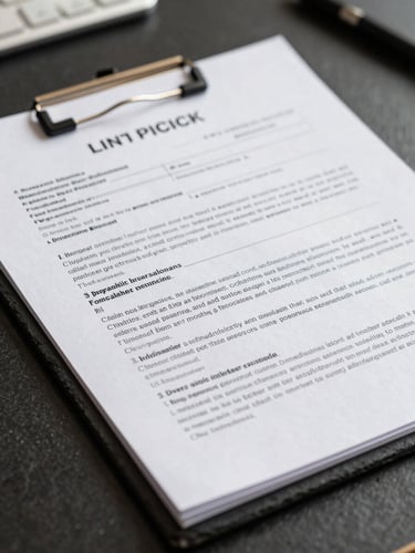Macro shot of a clean, structured medical-legal brief resting on a dark slate desk, natural daylight, soft shadows, sharp focus on technical text.