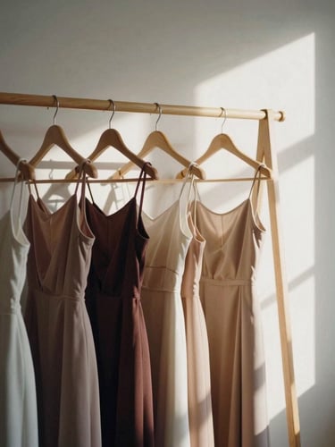 Medium shot of elegant dresses on a minimalist wooden clothing rack, warm natural window light casting soft shadows, 35mm photography.