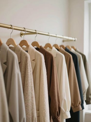 Warm boutique interior with elegant clothing racks, soft natural window light, original brand tags visible on high-quality fabrics, 35mm editorial fashion photography style