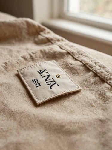 Close-up of a high-quality designer clothing label stitched onto fine beige linen fabric, warm natural window light, shallow depth of field, 35mm