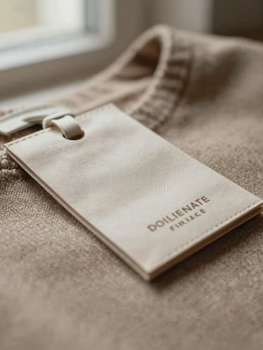 Close-up of authentic designer label and tag stitched onto a high-quality wool fabric, natural warm lighting, shallow depth of field.
