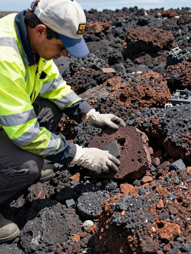 A professional hydrologist in high-visibility safety gear examining a volcanic basalt core sample in bright Hawaiian daylight, close-up, sharp focus.