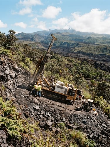 Wide environmental shot of a rugged 4x4 drilling rig operating on a volcanic basalt slope in Hawaii, bright natural daylight, sharp focus