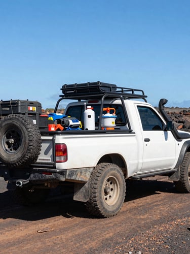 Medium shot of a rugged 4x4 utility truck loaded with hydrologic testing gear parked on a volcanic dirt track under bright Hawaiian sun
