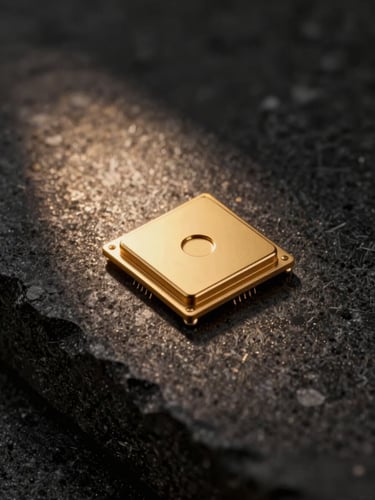 Extreme close-up of a warm gold sensor node seamlessly embedded into dark brushed basalt stone, a single soft beam of warm light highlighting the texture of the stone and the micro-ring of the sensor, atmospheric shadows.