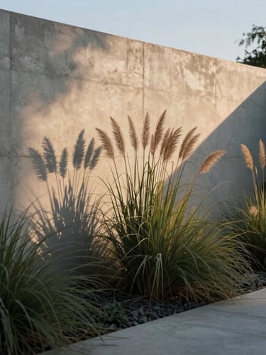 Minimalist garden at twilight, architectural concrete wall reflecting soft warm light, tall ornamental grasses, high contrast shadows