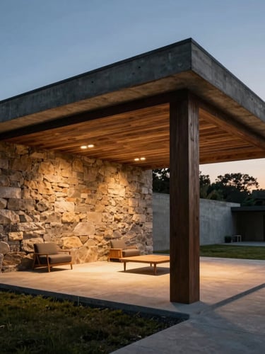Cinematic architectural wide shot of a concrete and dark wood pavilion at twilight, warm light grazing a raw stone wall, minimal furniture.