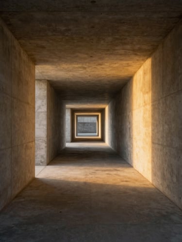 Symmetrical wide shot of a concrete corridor at dusk, a single warm gold light beam cutting through shadows, casting precise lines on raw stone.