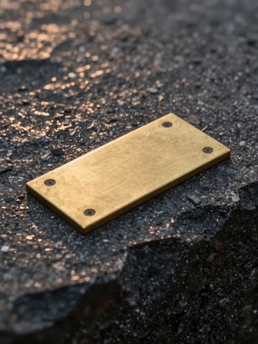 Macro shot of dark basalt stone meeting a flush-mounted brass sensor plate, warm twilight grazing the textured surface.
